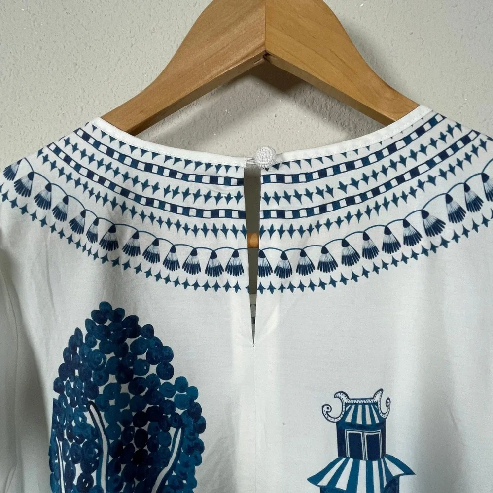 Farm Rio Resort Boho Chinoiserie Midi Dress Women Size M Puff Sleeve Tiered - Picture 8 of 10